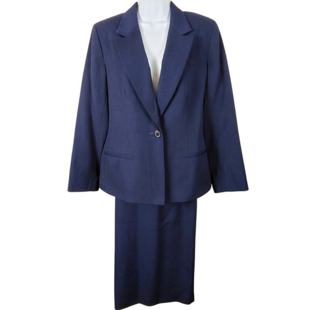 Hawksley & Wight‎ Petite Navy Blue 100% Worsted Wool Skirt Suit Set Size 12P vtg